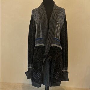 Autumn Cashmere Belted Cotton Coat Sweater Gray Black L Boho Detail Pockets